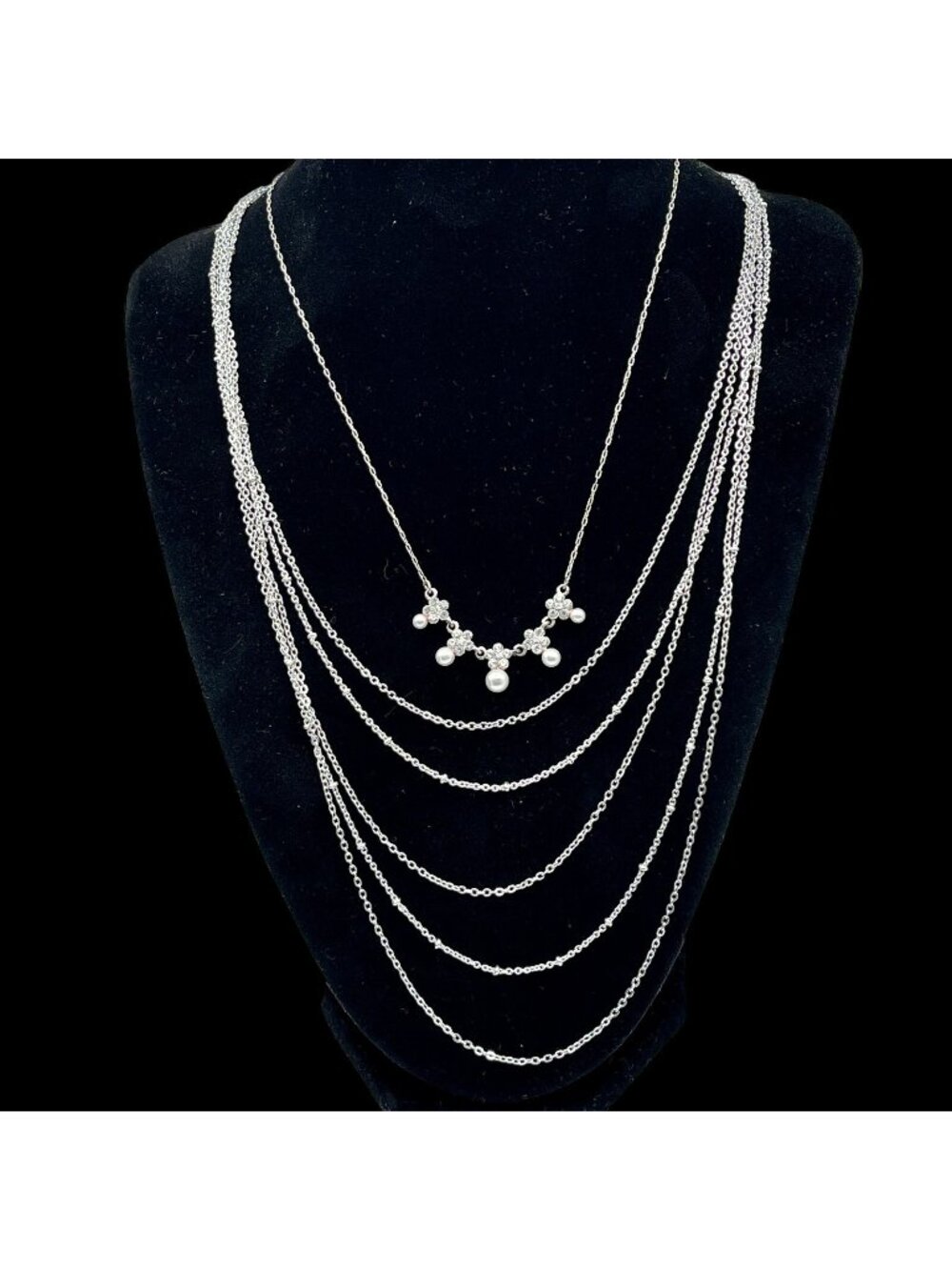 Multi Strand Necklace Stack Chain + Faux Pearl Crystal Silver Tone Vtg LC - Picture 1 of 9